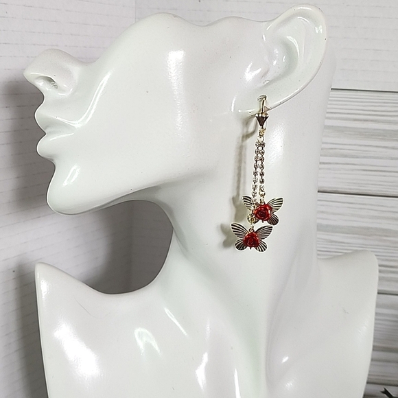 Gold Dangle Earrings with Butterfly and Red Rose Flower - Picture 3 of 11